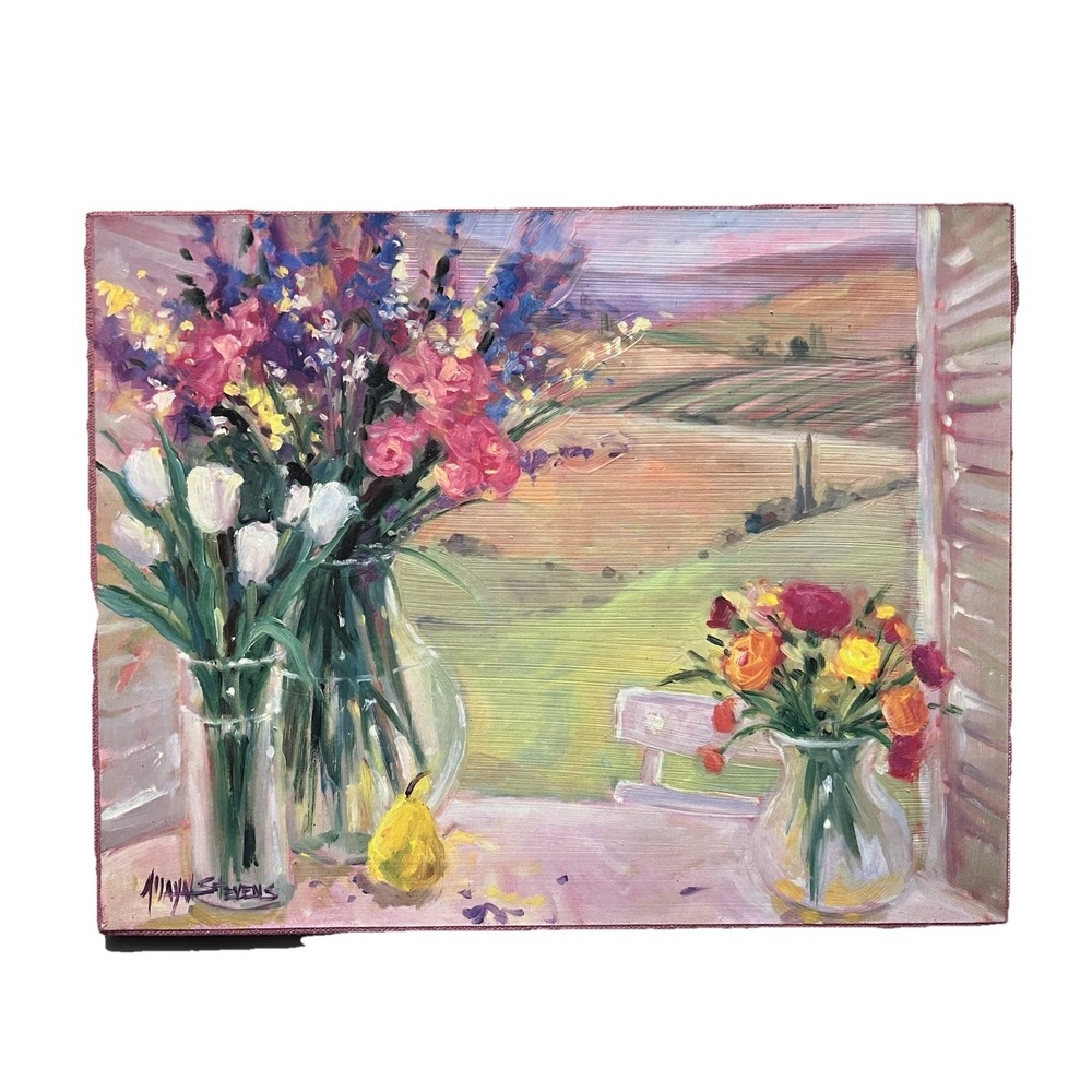 Pink floral still life painting Paper On Canvas Wood Frame 14"x11" Ready To Hang